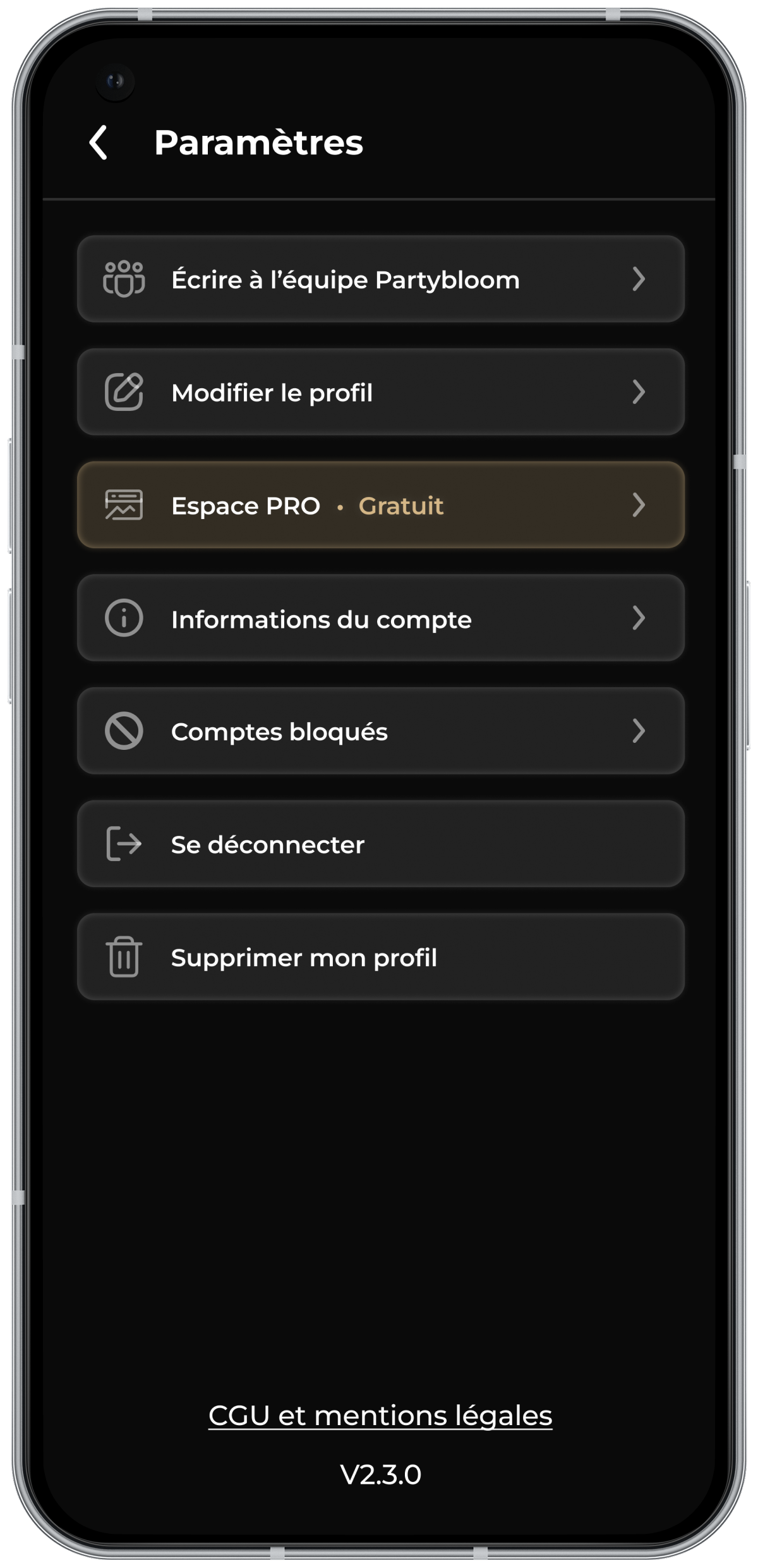Page paramètres Partybloom