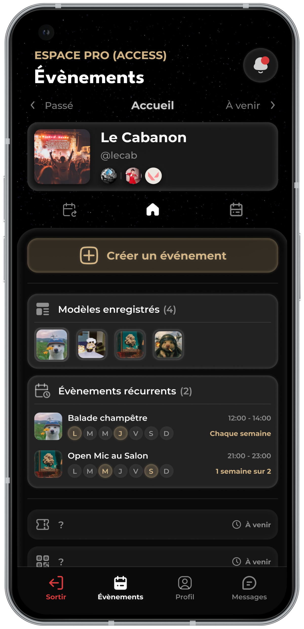 Tableau de bord espace pro Partybloom