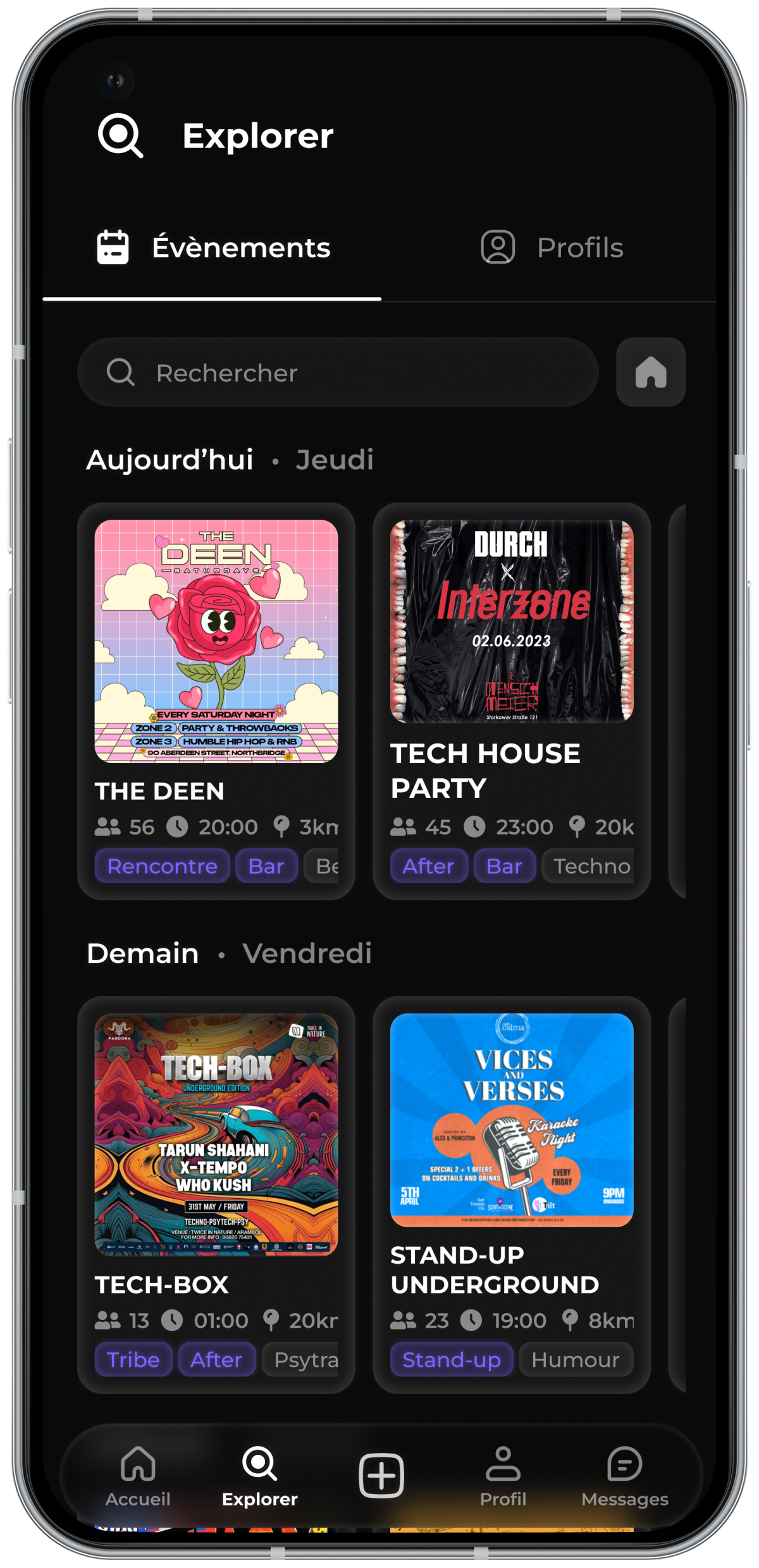 Page explorer les événements Partybloom